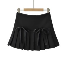 High waisted side zipper bow pleated skirt