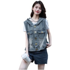 Backless Fashion Denim Vest for Women Spring Summer New Style Charming Hooded Sleeveless Jacket Color Other