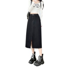 Black Split Denim Midi Skirt for Women, High Waist, Slim Fit, A-Line Pencil Skirt, Summer Style