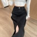 Black Split Denim Midi Skirt for Women, High Waist, Slim Fit, A-Line Pencil Skirt, Summer Style