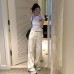 White High-Waisted Straight Leg Jeans for Women, Bear Print, Flowy Wide Leg, Casual, Slimming, Long Pants