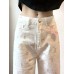 White Small Flower Print Denim Pants High Waist Loose Slim Straight Leg Floor-Length Pants Cotton