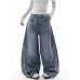 Washed Deconstructed Knife-Edge Denim Pants for Women Loose Fit with Three-Stripe Pattern Patchwork Wide-Leg Floor-Length Pants, Cotton
