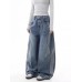 Washed Deconstructed Knife-Edge Denim Pants for Women Loose Fit with Three-Stripe Pattern Patchwork Wide-Leg Floor-Length Pants, Cotton