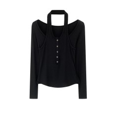 Choker Neck False Two-Piece Design Long Sleeve Inner Top for Women
