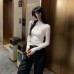 Elegant Simple Lyocell Tencel Wool Blend Semi-High Neck Long Sleeve