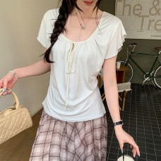 U-Neck Tie-Up Loose Lazy Relaxed Fit Short Sleeve T-Shirt