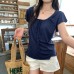 U-Neck Tie-Up Loose Lazy Relaxed Fit Short Sleeve T-Shirt