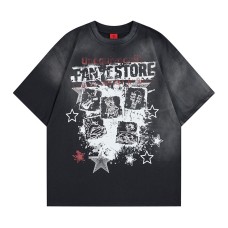 Rock and roll cartoon print spray dyed and used short sleeves