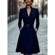 Solid color waist cinched V-neck long sleeved dress with large swing