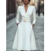 Solid color waist cinched V-neck long sleeved dress with large swing