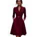 Solid color waist cinched V-neck long sleeved dress with large swing
