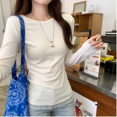 Design Sense Lace Splicing Round Neck Long Sleeve T-Shirt 