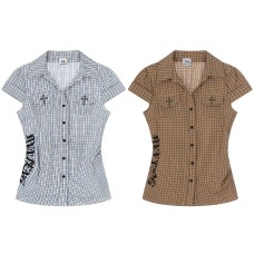 Retro checkered short sleeved shirt for women