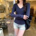 Style V-Neck Navy Blue Long Sleeve T-Shirt 