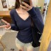 Style V-Neck Navy Blue Long Sleeve T-Shirt 
