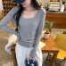 Gray Square Neck Long Sleeve T-Shirt 