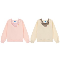 V-neck dopamine striped fake two piece long sleeved sweatshirt for women