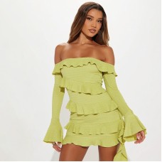 Fashionable Strapless One-Shoulder Ruffle Flare Sleeve Ribbon Dress Fashionable Strapless One-Shoulder Ruffle Flare Sleeve Ribbon Dress
