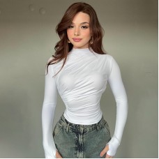 Fashionable Solid Color Slim Fit Pleated High Neck Long Sleeve Top for Women Fashionable Solid Color Slim Fit Pleated High Neck Long Sleeve Top for Women