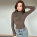 Fashionable Solid Color Slim Fit Pleated High Neck Long Sleeve Top for Women