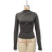 Fashionable Solid Color Slim Fit Pleated High Neck Long Sleeve Top for Women