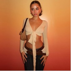 Women's Solid Color Deep V-Neck Cropped Tie-Up Long Sleeve Top