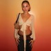Women's Solid Color Deep V-Neck Cropped Tie-Up Long Sleeve Top