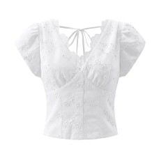 Jacquard Bubble Sleeve V-neck Top