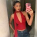 Choker Strap Deep V Backless Top with Hollow Back and Necktie Design