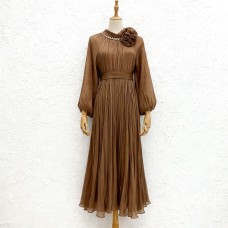 High neck three-dimensional flower bubble sleeve pleated mesh long skirt High neck three-dimensional flower bubble sleeve pleated mesh long skirt