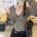 Stylish Color-Blocking Stripe V-Neck Long Sleeve Inner Top