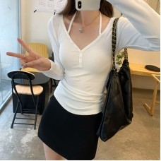 Sexy Fitted Halter Buttoned Long Sleeve Inner Top T-Shirt 