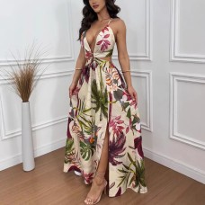 Summer new printed dress INS loose vacation slit party dress for women