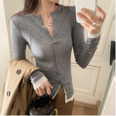 Color-Blocking False Two-Piece Half-Open Collar Knitwear Top