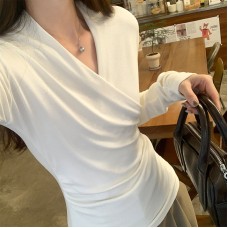 Chic V-Neck Asymmetric Fitted Long Sleeve Top