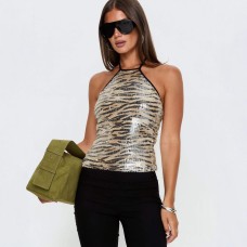 Belted LooseStyle Strapless Printed Top with Sequins INS Vacation Casual Spring Summer