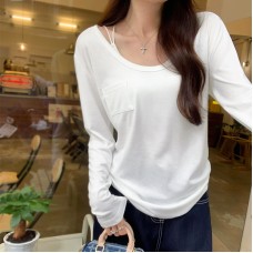 Chic Loose Fit White Long Sleeve T-Shirt with Pocket Design