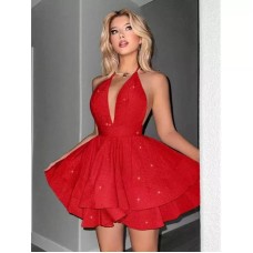 New sparkling fabric slim fit bright pink deep V-neck pleated women's dress
