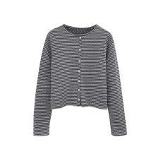 Gray Polka Dot Inner Stripe Open Front Long Sleeve T-Shirt for Women