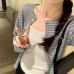 Gray Polka Dot Inner Stripe Open Front Long Sleeve T-Shirt for Women