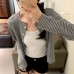 Gray Polka Dot Inner Stripe Open Front Long Sleeve T-Shirt for Women