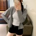 Gray Polka Dot Inner Stripe Open Front Long Sleeve T-Shirt for Women
