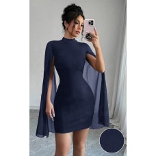 Chiffon Poncho Sheath Dress with Ribbed Texture and Round Neck for Women