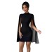 Chiffon Poncho Sheath Dress with Ribbed Texture and Round Neck for Women