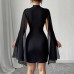 Chiffon Poncho Sheath Dress with Ribbed Texture and Round Neck for Women