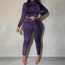 Fashion Leopard Print Long Sleeve Top High Waist Two-Piece Set Women's Outfit