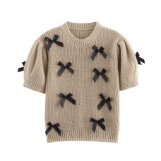Round neck bow decoration slim fit short solid color sweater