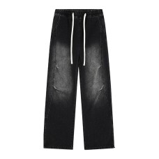 Design Loose Wide Leg Straight Fit Elastic Drawstring Jeans Pants