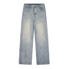 Distressed Dark Gray Straight Leg Loose Creased Catwhisker Casual Jeans